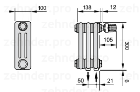 Схема (чертеж) Радиатор Zehnder Charleston 3030/3 №V002 Белый глянцевый RAL 9016